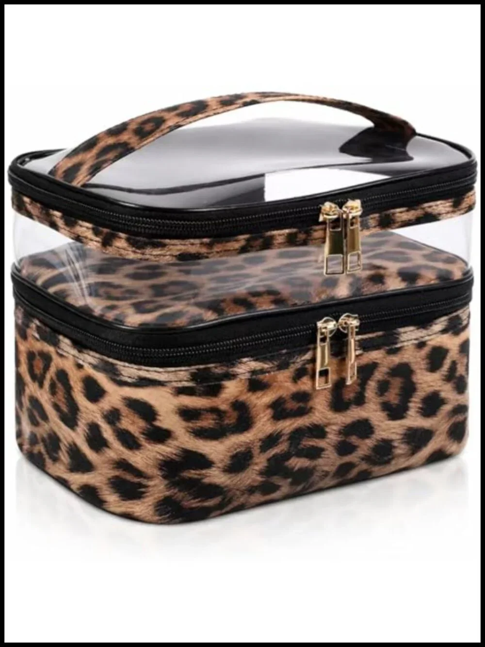 Double Layer Leopard Print Travel Cosmetic Organizer Toiletry Bag